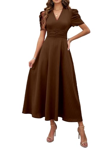 Shasmi Women's Solid Color V-Neck A-Line Maxi Dress – Waist Cinched Puff Sleeve Western Party Outfit