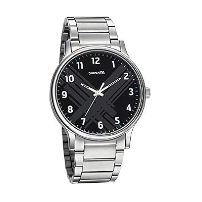Sonata Smart Plaid Quartz Analog Black Dial Silver Stainless Steel Strap Watch for Men (NT77105SM02W)