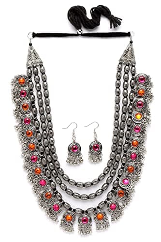 Shining Diva Oxidised Silver Tribal Necklace Set – Boho Choker for Women