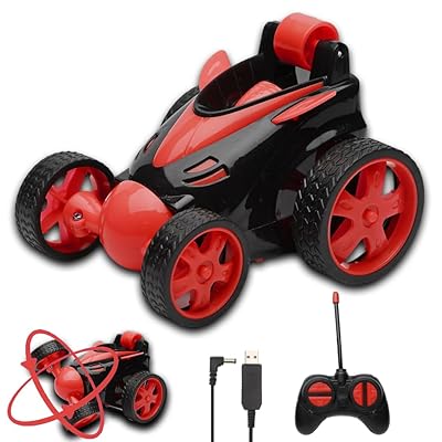 Rechargeable 360° Rotating &amp; Rolling Small Stunt Car Toy with USB Cable &amp; Remote Controller | Red Color, Power Source: Lithium Battery in Car