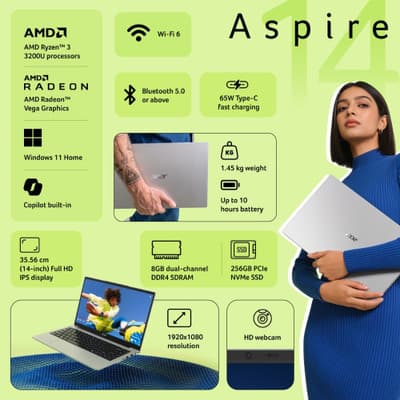 Acer Aspire 14 Laptop – Ryzen 3 3200U, 8 GB RAM, 256 GB SSD, Windows 11 Home thumbnail 2