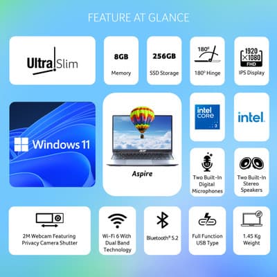 Acer Aspire 3 A324-53 Laptop – Intel Core i3 14th Gen, 8 GB RAM, 256 GB SSD, Windows 11 Home thumbnail 2