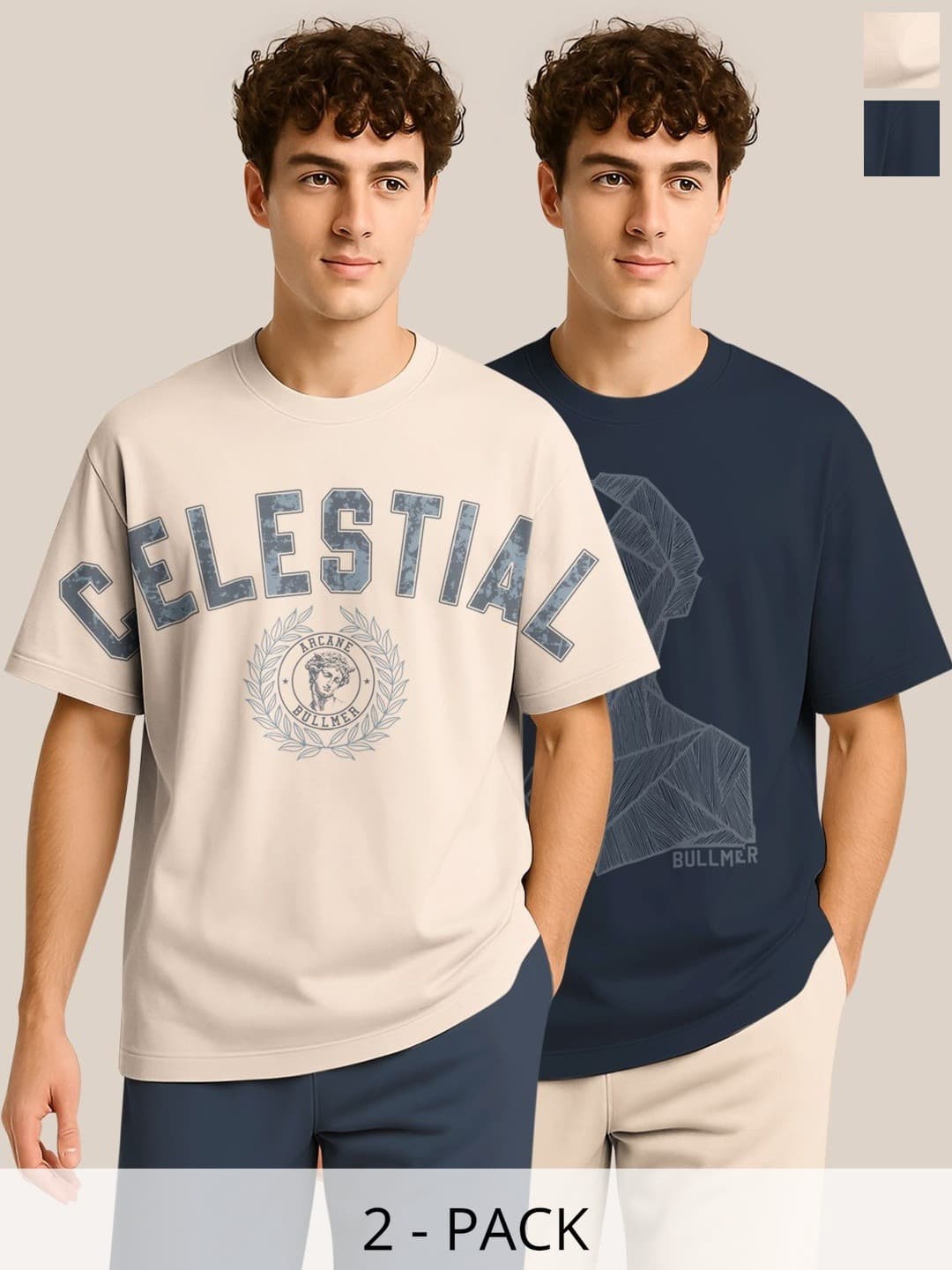 BULLMER Pack of 2 Typography Printed Crew Neck Drop Shoulder Oversized T-shirts