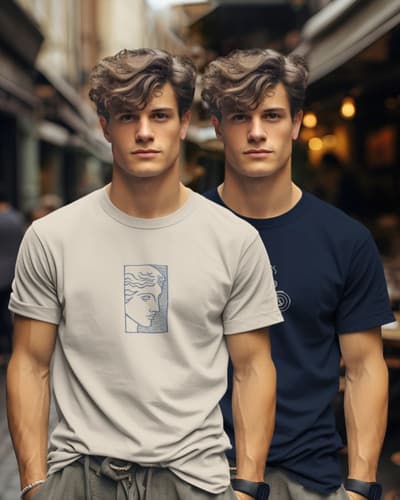BULLMER Men Pack of 2 Graphic Printed Cotton T-Shirts (Beige & Navy Blue)