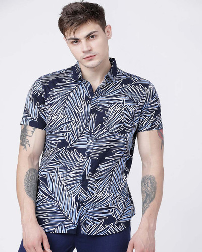 HIGHLANDER Men's Navy Blue & White Slim Fit Printed Casual Shirt