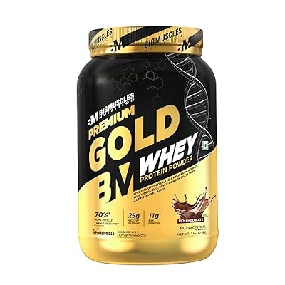 Bigmuscles Premium Gold Whey Protein 1kg – 25g Protein, 11g EAA, ProHydrolase