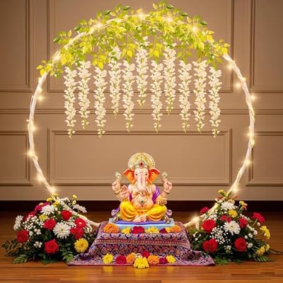 SpecialYou® Ganpati Decoration Set – 3 m PVC White Stand, LED Light & 6 White Wisteria (8 pcs)