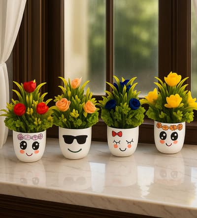 DODECROO Mini Artificial Bonsai Plant with Cute Pot - 4 Pack for Home & Office Decor
