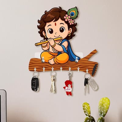 CAPIO ART Krishna Shaped Wooden Key Holder – Designer Wall Décor & Organizer