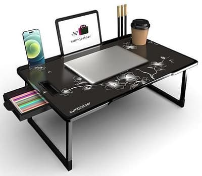 MITHILA Multipurpose Folding Laptop Desk with Drawer & Tablet Holder – Portable Wood Table for Bed & Sofa