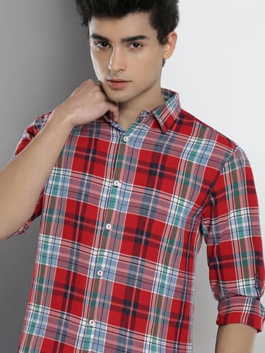 FUBAR Men's Checkered Red Casual Shirt