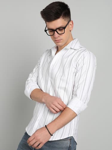 RODEIZ Men's Striped Casual White Shirt – Classic White with Subtle Stripes