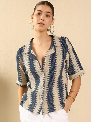METRONAUT Women Striped Casual Blue and Cream Shirt