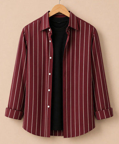 RODEIZ Men's Striped Maroon Casual Shirt