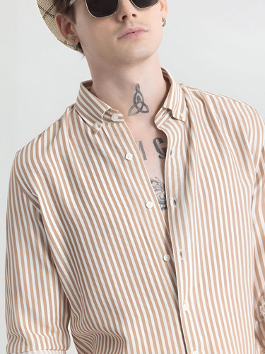 RODEIZ Men's Striped Beige Casual Shirt