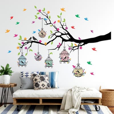 WallHunt 127 cm PVC Vinyl Tree & Flowers Wall Sticker – Self Adhesive Decor