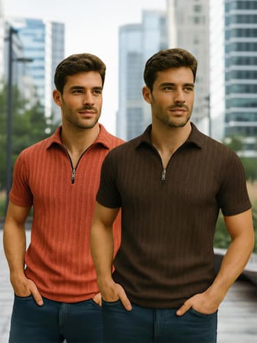 METRONAUT Men's Zip Neck T-Shirt – Brown & Orange