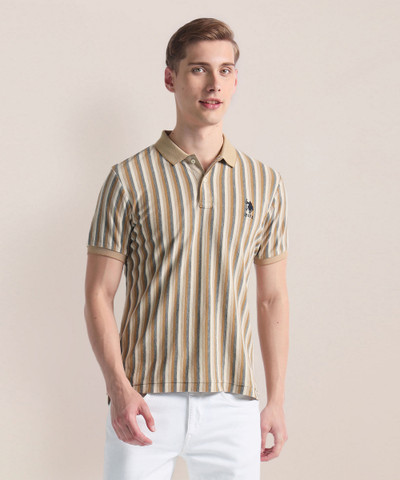 U.S. POLO ASSN. Striped Beige Polo Neck T-Shirt for Men