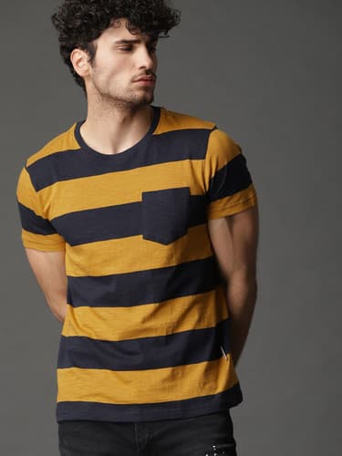 Roadster Yellow Striped Round Neck T-Shirt for Men