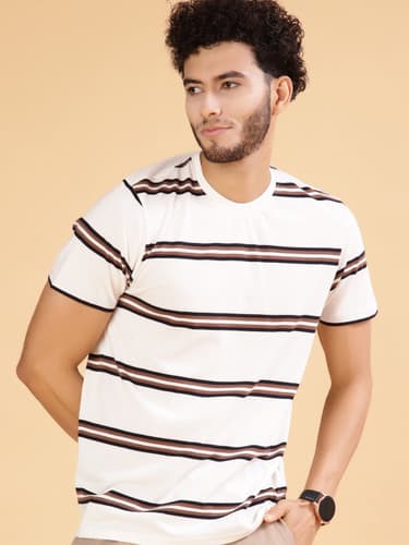V-MART White Striped Round Neck T-Shirt for Men