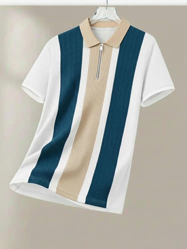 AUSK Men's Striped Polo Neck T-Shirt – Dark Blue & White