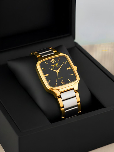 LOIS CARON LCS-8567 Premium Two‑Tone Gold‑Plated Square Quartz Analog Watch for Men